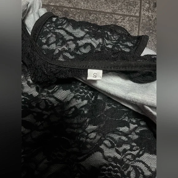 Totally 80’s Grey Off the Shoulder Top with Black Lace Overlay Tank - Picture 4 of 4